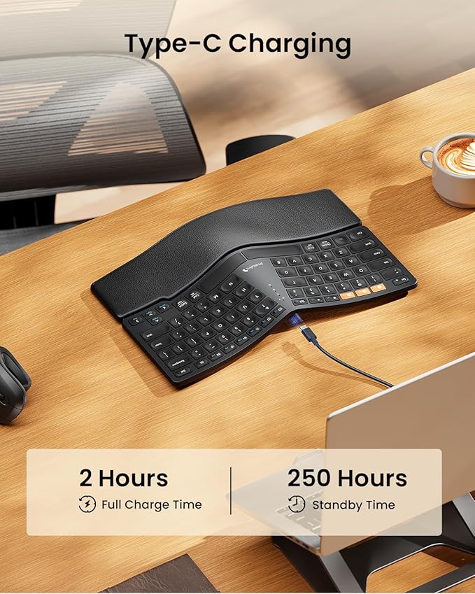 ProtoArc Bluetooth Ergonomic Keyboard, EK04 Mini Compact Wireless Ergo Keyboard with Palm Rest, Split Design, Natural Typing, Bluetooth and USB, Rechargeable, for Windows/Mac - Black