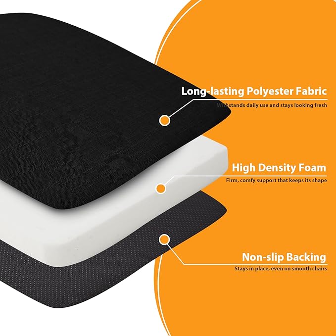 RUQMUISChair Cushions for Dining Chairs, 2" Thick Seat Cushions for Kitchen Chairs, D-Shaped Chair Pads with Washable Cover, Ties and Non Slip Backing, 17'' x 16'', Set of 2, Black