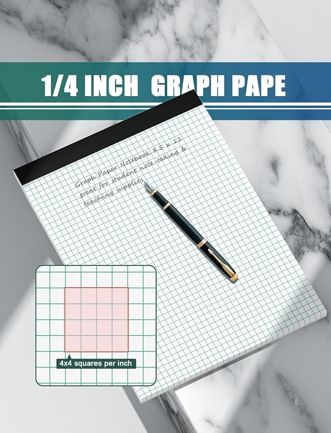 Graph Paper Pads 8.5 x 11, 4x4 Graph Ruled, 3 Pack 1/4 Graph Paper Notebooks, Grid Paper Pad Notebook 8-1/2" x 11" Graphing Paper, Perforated Quadrille Pad, 70GSM White Graft Paper Pads, 30 Sheets/Pad