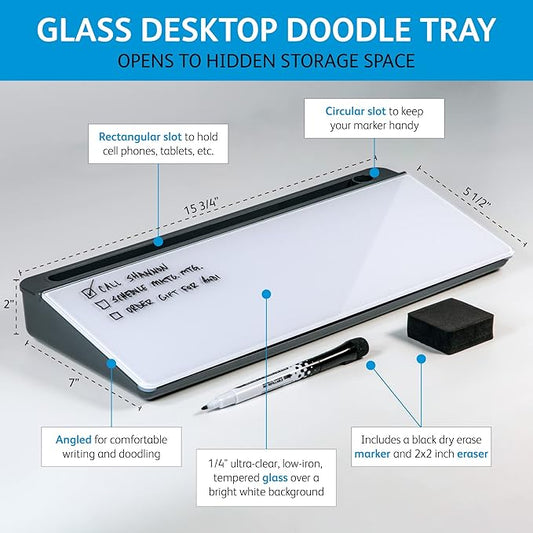 Glassboard Studio Glass Dry Erase Doodle Tray for Desktop Office Supply Storage - Marker and Eraser Included (8 Markers, Gray)