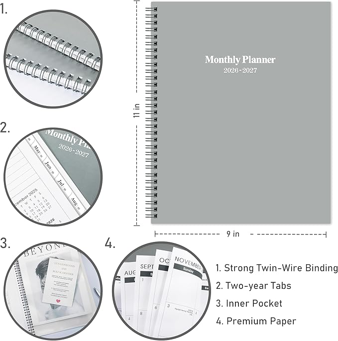 2026-2027 Monthly Planner/Calendar - 2 Year Planner 2026-2027, Monthly Tabs, 9’’ × 11’’, Jan 2026 - Dec 2027, Hard Cover, Inner Pocket - Grey