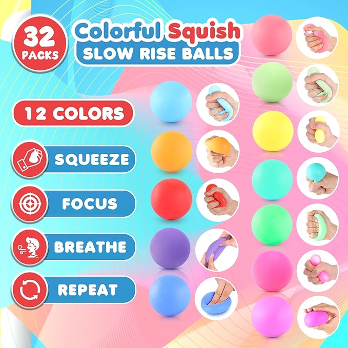 Slow Rising Stress Ball Bulk 32 Packs, Stretchy Squishy Balls for Anxiety Relief, Fidgets Classroom Supplies for Student Teacher, Hand Therapy Toys for Kids and Adults