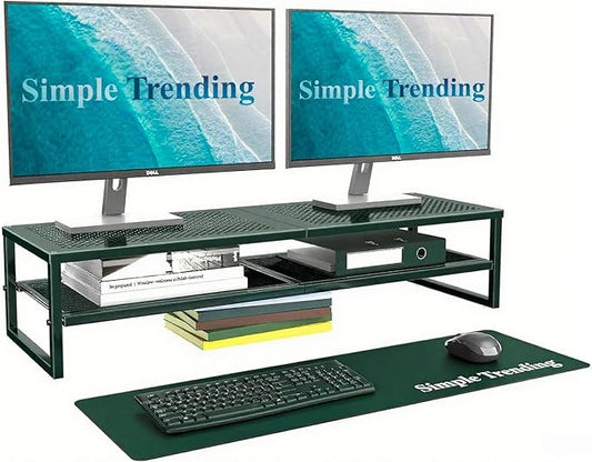 Simple Trending 2 Tier Metal Dual Monitor Stand Riser, Computer Office Desktop Organizer for 2 Monitors with 32"x10" Mouse Pad for Laptop, Printer, TV, Green