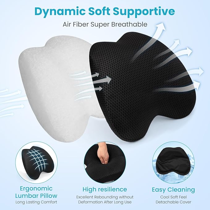 Lumbar Support Pillow Office Chair Car Back Pillow, Ergonomic Lower Back Pain Relief Breathable Air Fiber Cushion for Long Sitting Worker Driver & Handicapped, Adjustable Strap (Black)