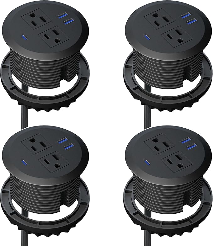 4 pcs 3 Inch Desktop Power Grommet,20W USB C Fast Charging Station,3-USB Port,Flush Mount,6.5 ft Power Cord.Round Recessed Power Outlet,Desk Hole Grommet Outlet for Workspace,Sofa,Black