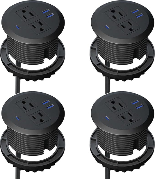 4 pcs 3 Inch Desktop Power Grommet,20W USB C Fast Charging Station,3-USB Port,Flush Mount,6.5 ft Power Cord.Round Recessed Power Outlet,Desk Hole Grommet Outlet for Workspace,Sofa,Black
