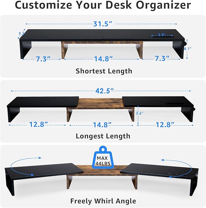 Dual Monitor Stand Riser for 2 Monitors, Monitor Stand for Desk, Adjustable Length Swivel Angle Wooden Desktop Organizer Stand Riser with Smartphone Holder for PC Monitor, Rustic Brown