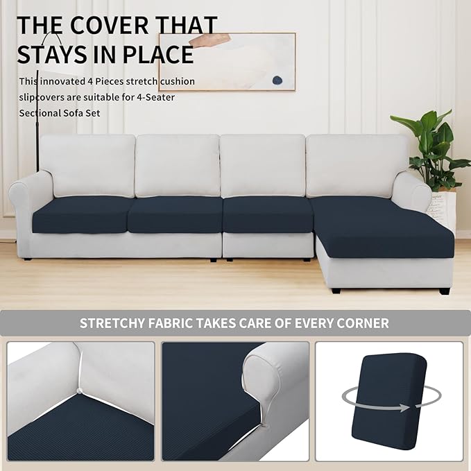 Easy-Going Stretch 4 Pieces Couch Cushion Covers for Sectional Sofa Left/Right L Shape Chaise Lounge Sofa Seat slipcover Anti-Slip Sofa Cover Soft (3 Seater + 1 Chaise, Dark Blue)