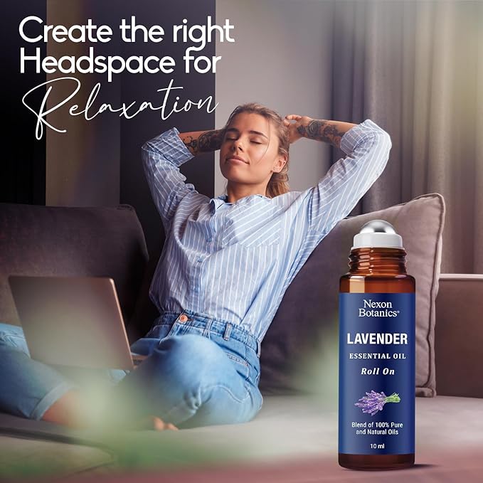 Lavender Essential Oil Roll-On 10 ml - Pure, Natural & Prediluted Oil Blend Roller for Calmness, Relaxation & Skin Care - Nexon Botanics