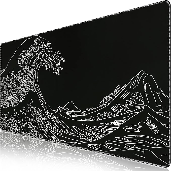 iCasso Mousepad, Gaming Mouse Pad, XXL Large Desk Mat, Big Rubber Base Mouse Mat with Stitched Edges, Computer Keyboard Desk Pad for Work, Game, Office, Home - Black Wave of Kanagawa
