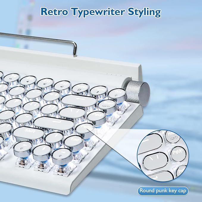 Adventurers Retro Typewriter Keyboard, 75% Layout 83 Keys Wireless Keyboard with Blue Switch,Bluetooth 5.0 and Multi-Device Switching,Vintage Punk Style,Hot-Swappable for PC/Laptops/Mac/ipad-White