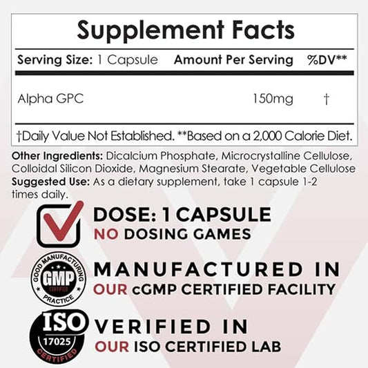 Nootropics Depot Alpha GPC Capsules | 150mg | 60 Count | Choline Supplement | Brain Health Supplement | Supports Healthy Brain Function | Enhance Cognition, Memory + Focus