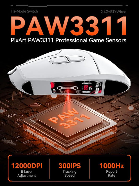 White Wireless Gaming Mouse, Tri Mode (2.4G/Bluetooth/Wired), PAW3311 Sensor, 12,000 DPI, 1,000Hz, 6 Programmable Buttons, USB C Rechargeable, Ergonomic Gamers Optical Mice for PC/Laptop/Mac