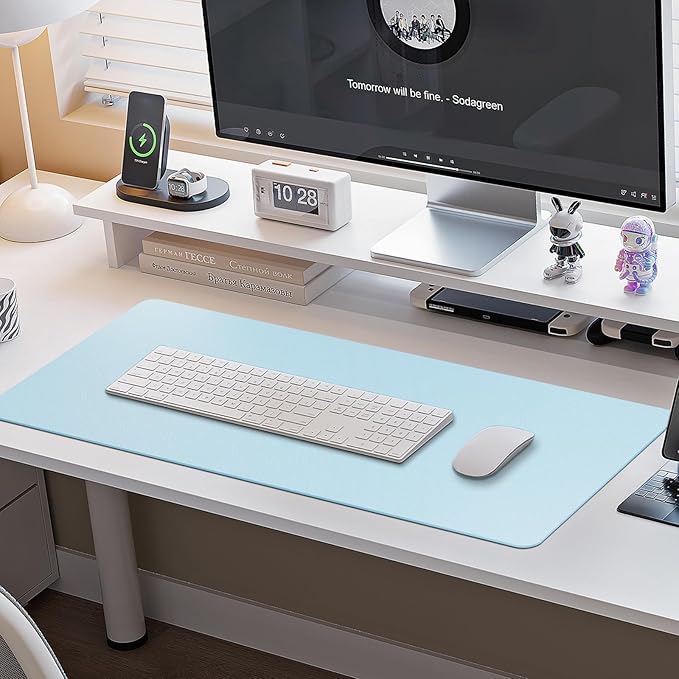 Boutilon Leather Desk Pad Protector,Non-Slip Mouse Pad,Laptop Desk Pad,Office Mouse Mat,Waterproof Leather Desk Blotter,Desk Writing Pad for Office and Home (L-Light Blue,35"x 17")