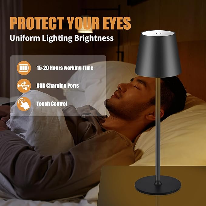 BGFHome Cordless Table Lamp LED Desk lamp,5000mAh Rechargeable Touch Night Light Wireless Minimalist Design for/Restaurant/Bedroom/Bars/Outdoor Party/Camping/Coffee Shop(2 Pack Black)