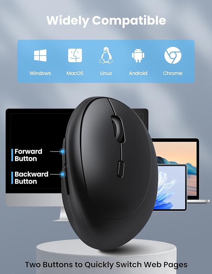 TECKNET Ergonomic Mouse, Bluetooth Wireless Vertical Mouse, Rechargeable Battery, Quiet Clicks, 4800 DPI Adjustable, BT5.0/3.0 & 2.4G Connect, Easy to use, Wide Compatibility - Black