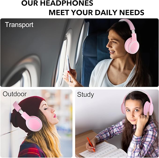 RORSOU B10 Wireless Over-Ear Headphones, Lightweight Folding Stereo Bass Bluetooth Headset with Mic, 50H Playtime, Volume Control, Bluetooth 5.3 Headphones for iPad/Travel/Tablet/PC (Pink)