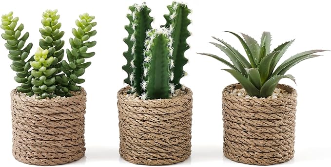 3-Pack Artificial Succulent Plants in Vintage Plastic Pots - Fake Waterproof Succulents Decor for Home, Office, Desk, Shelf - Low Maintenance Indoor Greenery for Bathroom, Living Room, Table Decor