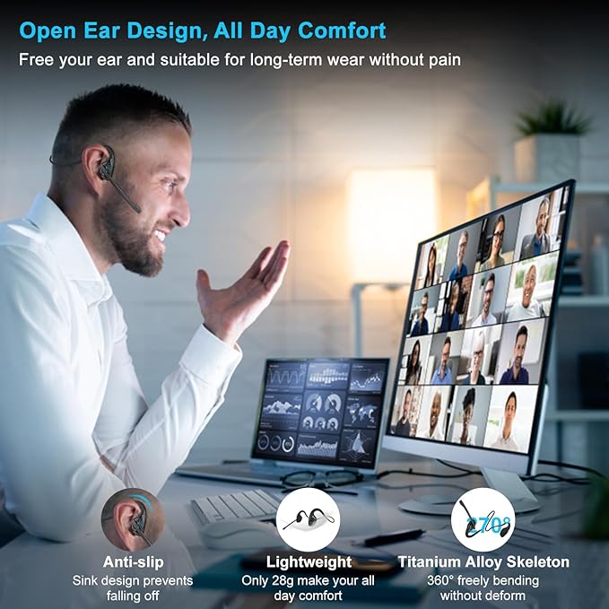 iDIGMALL Bluetooth 5.3 Headset with Microphone, Open Ear Headphones w/Noise Cancelling Mic for Phone PC Computer Laptop, Lightweight & Comfortable Wireless Headset for Office Driving Working Home,10H