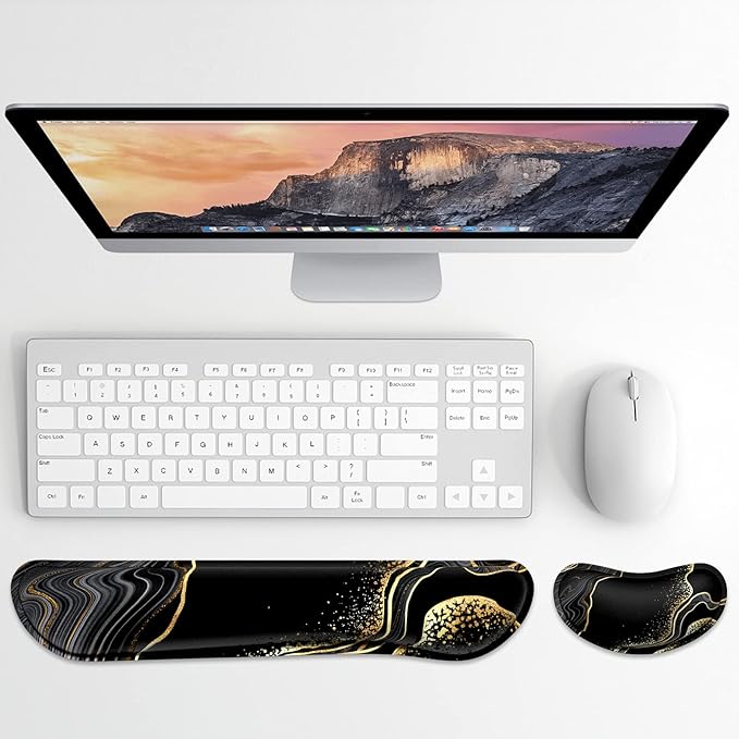 Dapesuom Enlarge Keyboard Wrist Rest, Memory Foam Wrist Cushion for Desk Mats Support, Marble Pain Relief Keyboard Mouse Pad Rests Set with Non-Slip Base for Gaming Laptop Office Computer, Black Gold
