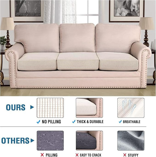 H.VERSAILTEX Super Stretch Individual Seat Cushion Cover Sofa Covers Couch Cushion Covers Slipcover Sets Thick Jacquard Textured Twill Fabric (3 Piece Sofa Cushion Covers, Ivory)