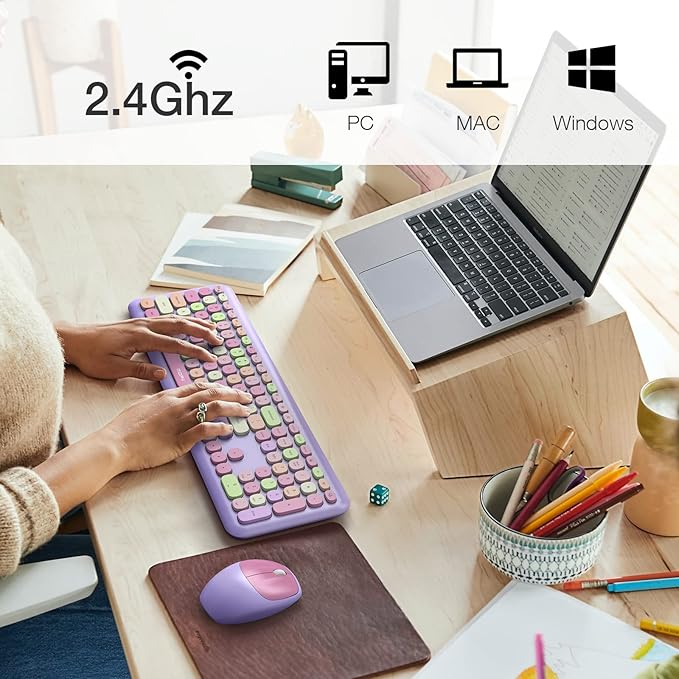 MOFii Wireless Keyboard and Mouse Combo, 2.4G Slim Full-Sized Colorful Keyboard Mouse for PC Desktop Laptops Windows (Purple Colorful)