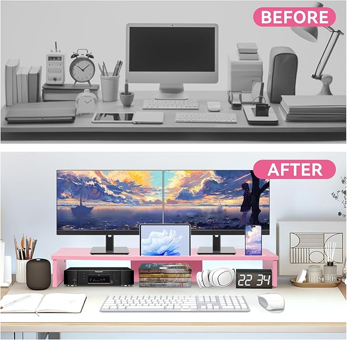 Dual Monitor Stand Riser with LED Lights and Phone Tablet Holder, 35.8in Large Monitor Stand for Desk, Computer Monitor Stand for 2 Monitors, Desktop Shelf Organizer for Laptop, Printer, TV