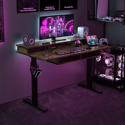 Adjustable Height Standing Desk with 4 Drawers,55 x 30 inches Electric Sit Stand Home Office Desk with Two Tiers, 3 Memory Presets, Monitor Stand Riser, USB A/C Charging Port