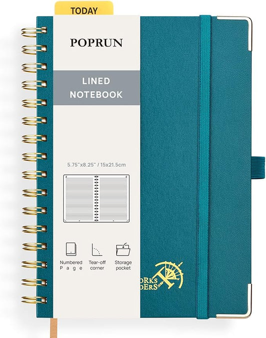 POPRUN Lined Spiral Journal Notebook [A5-5.75'' x 8.25''] -120 GSM Thick Paper, 141 Numbered Pages, College Ruled Notebook for Men & Women with Pocket, Index Tabs, 8 Perforated Sheets, Pacific Green
