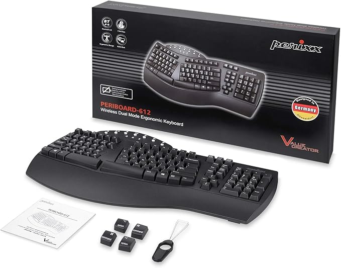 Perixx Periboard-612B Wireless Ergonomic Split Keyboard with Dual Mode 2.4G and Bluetooth Feature, Compatible with Windows 10 and Mac OS X System, Black, US English Layout