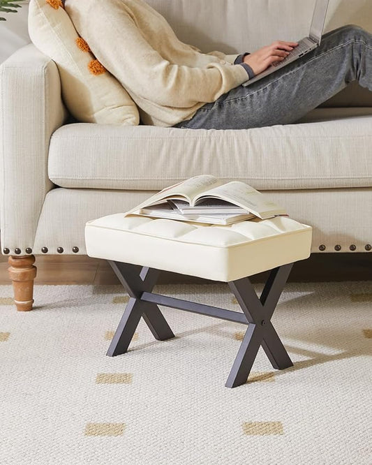 IBUYKE Small 12" H Footrest Stool, Square PU Foot Stool with Metal X-Leg, Multi-Use as Small Side Table, Step Stool for Living Room, Bedroom, Entryway, Office, White WBD012W