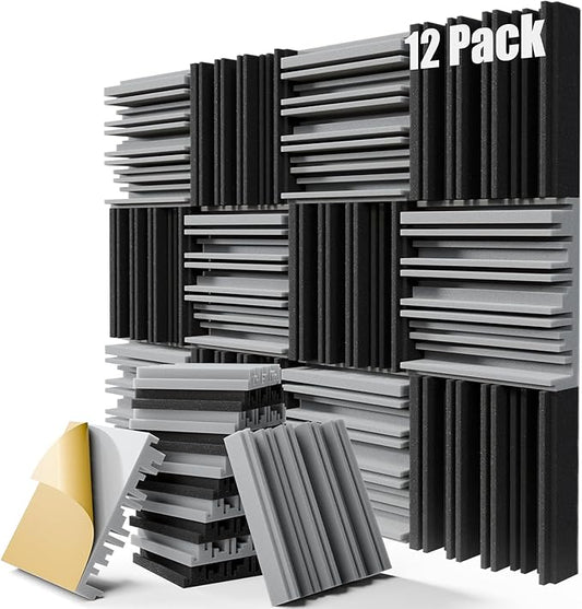 12 Pack Sound Proof Foam Panels for Walls, 12" x 12" x 2" Self-Adhesive Acoustic Panels, High-Density Soundproof Wall Panels for Studio, Home, and Ceilings (Black+Gray)