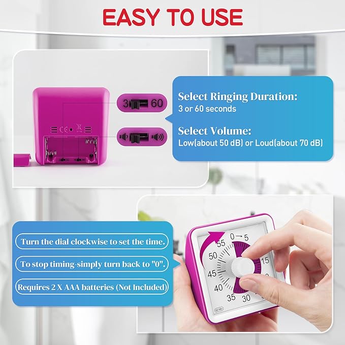 Secura 60-Minute Visual Timer, Classroom Timer, Countdown Timer for Kids and Adults, Time Management Tool for Teaching (Violet & Violet)