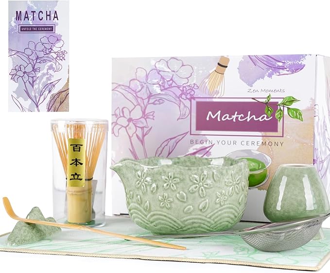 Matcha Whisk Set, Matcha Set 7 Pcs, Ceramic Matcha Bowl with Spout, Bamboo Chasen Whisk & Holder, Scoop, Sifter, Tea Towel, Ideal Gift Christmas, Birthday(Mottled Green)