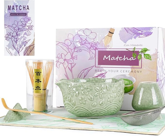 Matcha Whisk Set, Matcha Set 7 Pcs, Ceramic Matcha Bowl with Spout, Bamboo Chasen Whisk & Holder, Scoop, Sifter, Tea Towel, Ideal Gift Christmas, Birthday(Mottled Green)