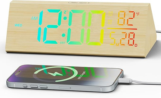 Solid Wood Digital Alarm Clock for Bedroom - 8.8 Inch Large Display for Living Room, See Time Instantly! Multicolor Backlight Time Display, Dual Alarms, Date/Temp/Day, DST, Snooze (Bamboo)