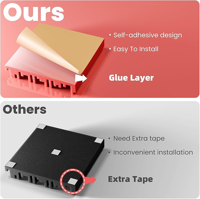 12 Pack Acoustic Foam Panels for Walls, 12" x 12" x 2" Soundproof Wall Panels, Self-Adhesive Soundproofing Padding, High Resilience Sound Absorbing Panels for Home Studios, Offices - Black & Red