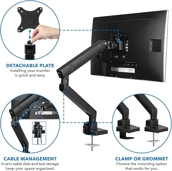 Mount-It! Single Monitor Arm Mount | Premium Monitor Desk Stand | Articulating Mechanical Spring Arm | Fits 24 27 30 32 Inch VESA 75 100 Compatible Computer Screen | C-Clamp and Grommet Bases