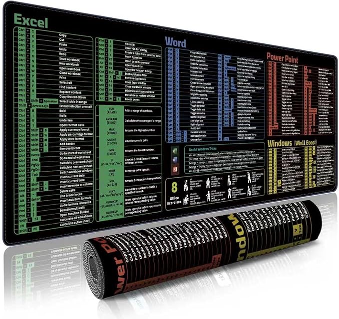 Office Shortcut Mouse Pad - 200+ Hotkeys for Excel/Word/PPT/Windows, 31.5"×11.8" XL, Waterproof Anti - Slip Stitched Edge, 8 Desk Exercises for Efficiency