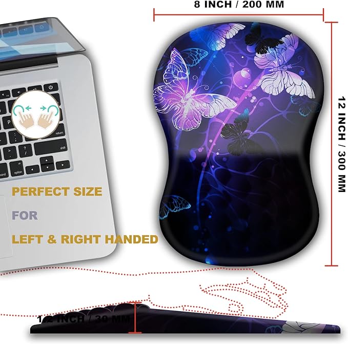 Ergonomic Mouse Pad with Wrist Rest Support, Massage Design Mouse pad Relief Carpal Tunnel Pain, Entire Memory Foam Non-Slip Mouse Pad, Computer Mouse Pads for Wireless Mouse Pad, Cool Butterfly