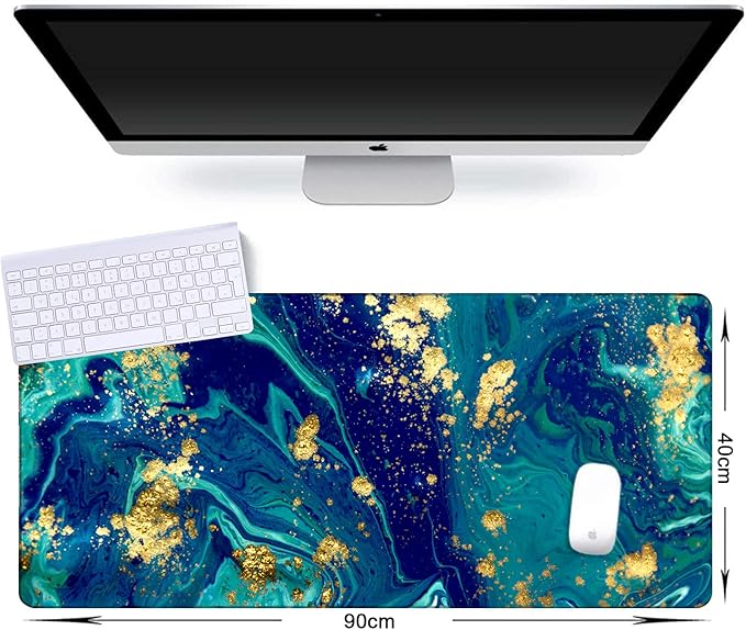 iCasso Extended Gaming Mouse Pad (35.4x15.7 in), Large Non-Slip Rubber Base Mousepad with Stitched Edges, Waterproof Keyboard Mouse Mat Desk Pad for Work, Game, Office, Home - Blue Marble - XXL