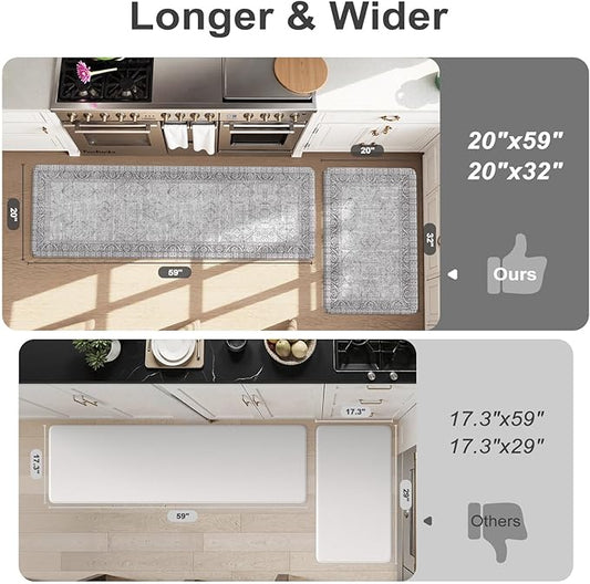 KIMODE Anti Fatigue Kitchen Mats for Floor, Boho Vintage Kitchen Rugs Sets of 2, Cushioned Kitchen Floor Mats Non Slip, Comfort Rugs for Kitchen Floor Sink Laundry Desk Grey 20"x59"+20"x32"