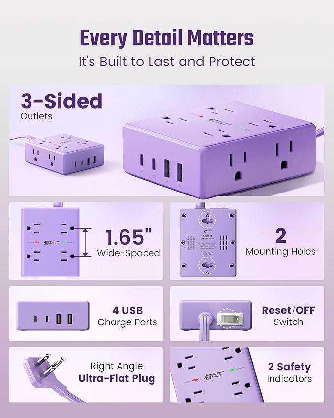 Purple Extension Cord 10Ft, Flat Plug Surge Protector Power Strip Kawaii, 8 Outlets & 4 USB Ports (2 USB C), Cute Stuff Purple Room Decor, Lavender Office Desk Accessories for Girls