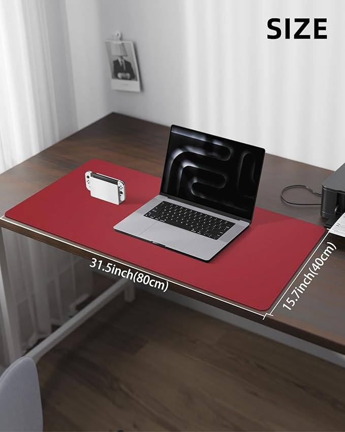 Leather Desk Protector, Red Office Mat, Non-Slip PU Laptop Blotter, Waterproof Writing Pad for Office and Home (Red, 31.5" x 15.7")