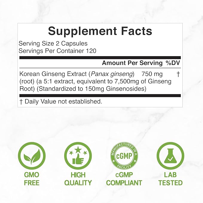 Korean Red Panax Ginseng Root Extract, 7,500mg Serving, 240 Softgels – 150mg Active Ginsenosides