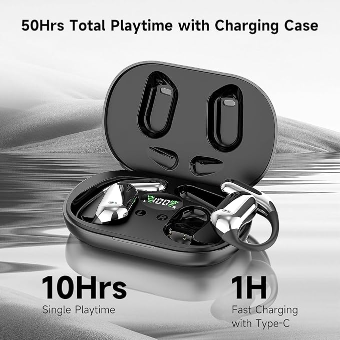 Open Ear Clip Wireless Earbuds Bone Conduction Headphones, Bluetooth 5.4, Open Ear Design, Built-in Mic, IPX7 Waterproof, LED Display Charging Case,Ear Hooks Ear Buds,Design for Running Fitness