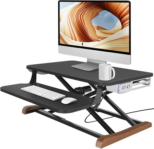 Electric Standing Desk Converter with Keyboard Tray, 26x16 Inch, Height Adjustable Sit to Stand Desk Riser with Unique Side Cover and Wooden Feet, Small Motorized Monitor Riser for Office & Home