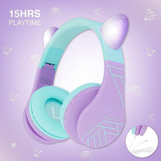 PowerLocus Bluetooth Headphones for Kids, Wireless Foldable Headphones Over Ear, Headphone with Microphone, 85DB Volume Limit, Wireless and Wired Headset with Micro SD, FM for Cellphones, Tablets, PC