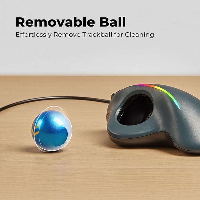 Wired Trackball Mouse with RGB Lighting, Ergonomic Thumb Control to Reduce Muscle Strain, 5 Adjustable DPI, Dual USB-C & USB-A Connectivity, Compatible with PC, Laptop, Mac, Windows-Blue