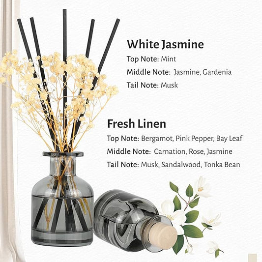 Brakula 2 Pack Reed Diffuser, Fresh Linen + White Jasmine (3.38 fl oz Each Pack), Home Fragrance with 12 Sticks, Shelf Decor, Reed diffusers for Home